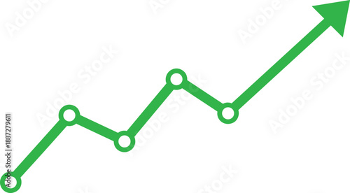 A green line graph trending upward with data points and an arrow pointing to growth and progress