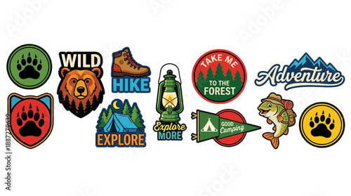 Outdoor Adventure Patch Vector Illustration – Hiking, Camping, Bear Paw, Lantern, Tent, Fish, Forest, Mountains, and Nature Symbols for Travel, Exploration, and Wilderness Decor