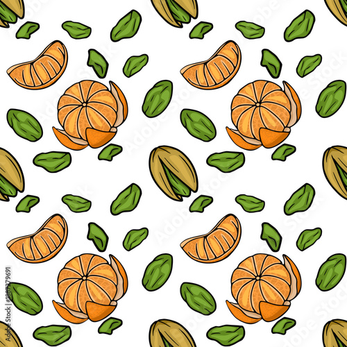 Vibrant vector pattern of peeled tangerines and green pistachios scattered on a white background