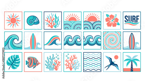 Beach Ocean Icon Vector Illustration – Tropical Elements with Sun, Shells, Coral, Fish, Surfboard, Wave, Palm Tree, Monstera Leaf for Summer Travel, Decor, and Design