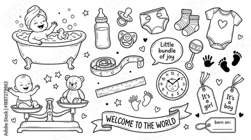 Baby Celebration Vector Illustration – Newborn Items with Bathtub, Teddy Bear, Bottle, Pacifier, Footprints, Rattle, Onesie, Tags, and Welcome Banner for Birth Announcement Decor