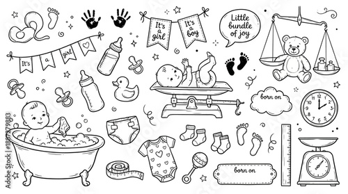 Baby Celebration Vector Illustration – Newborn Items with Bathtub, Teddy Bear, Bottle, Pacifier, Footprints, Rattle, Onesie, Tags, and Welcome Banner for Birth Announcement Decor