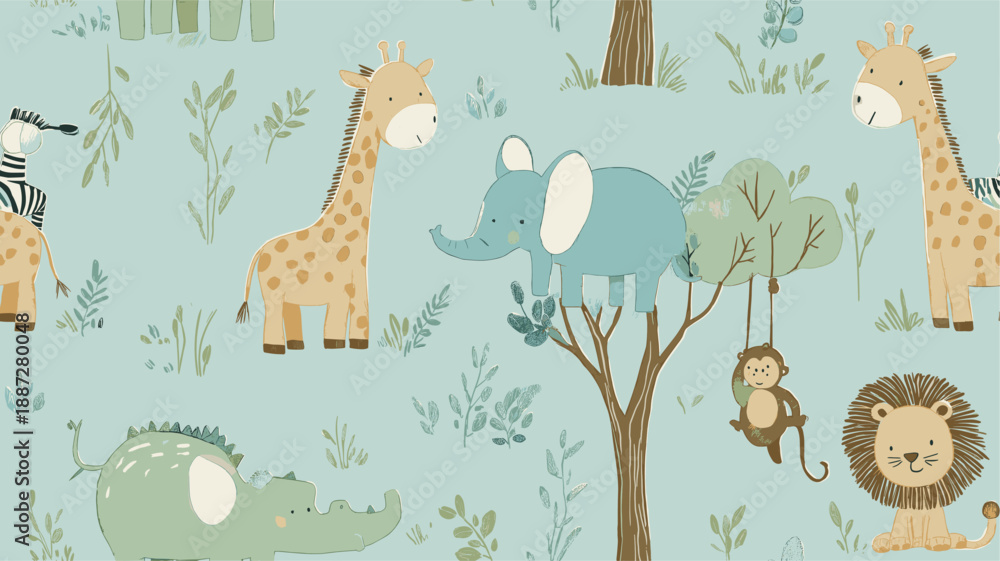 Fototapeta premium Safari animals pattern with giraffes, elephants, and lions on a light blue background. Cute cartoon jungle animals seamless pattern
