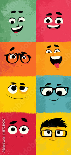 Cheerful cartoon faces on a colorful background expressing various emotions and concepts. Cartoon faces showing emotions and different personalities