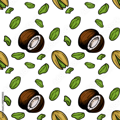 Seamless vector pattern of whole and cracked pistachios with scattered kernels, isolated on white.