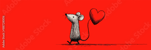 Cartoon gray rat running with a large red heart on a solid red background. Cute gray rat carrying red heart running