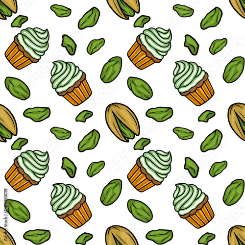 Seamless vector pattern of frosted pistachio cupcakes and loose pistachios