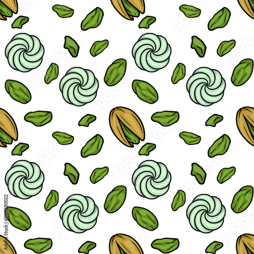 Seamless vector pattern of pistachio nuts and swirl cookies, food illustration