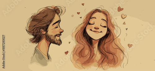 Smiling cartoon boy and girl with red hearts floating above them, depicting true love. Happy cartoon couple showing love and affection