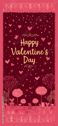 Gold happy Valentine's Day text on a red background with decorative floral elements. Happy Valentine's Day gold glitter greeting with floral ornament