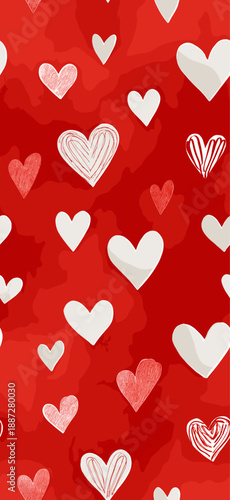White outline and filled hearts scattering on a red watercolor textured surface. Hand drawn white hearts seamless pattern on red background