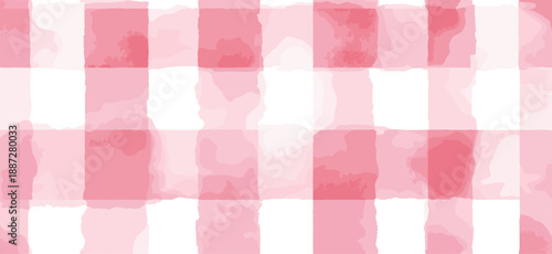 Pink and white watercolor checkered pattern creating a rustic seamless background texture. Pink watercolor gingham check seamless pattern background