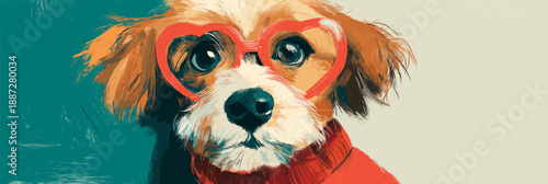 Doodle dog wearing a red heart sweater with heart-shaped glasses. Dog wearing red heart sweater and glasses for Valentine
