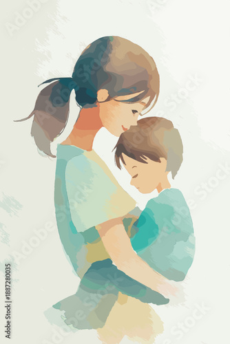 Watercolor illustration depicting a mother embracing her happy child with warmth and care. Mother and child smiling showing love and connection