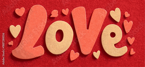 Textured word love with small hearts creating a festive Valentine's Day or romantic design. Textured love word with hearts on red background