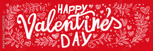 Calligraphy Happy Valentine's Day lettering on a red background with hearts and leaves. Happy Valentine's Day calligraphy lettering on red background