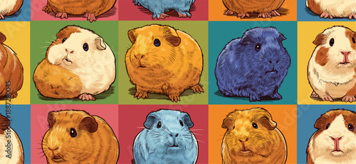 Nine cute guinea pigs in a colorful pop art distinct grid pattern. Pop art guinea pig distinct pet portraits grid