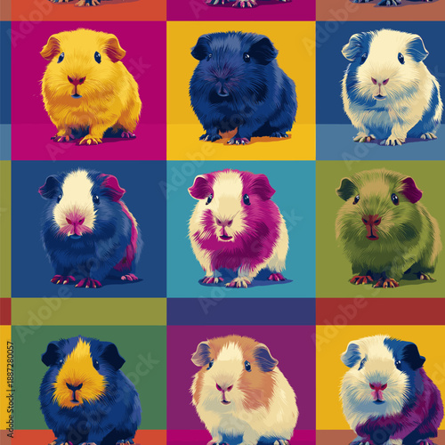 Nine cute guinea pigs in a colorful pop art distinct grid pattern. Pop art guinea pig distinct pet portraits grid