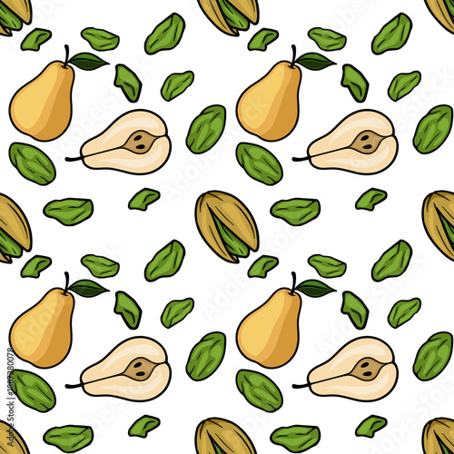 Seamless vector pattern of whole and halved yellow pears with green pistachios scattered around, perfect for food-themed designs.