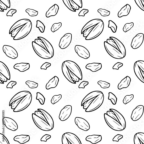 Seamless vector pattern illustration of whole pistachios and shelled kernels, simple line art on white background