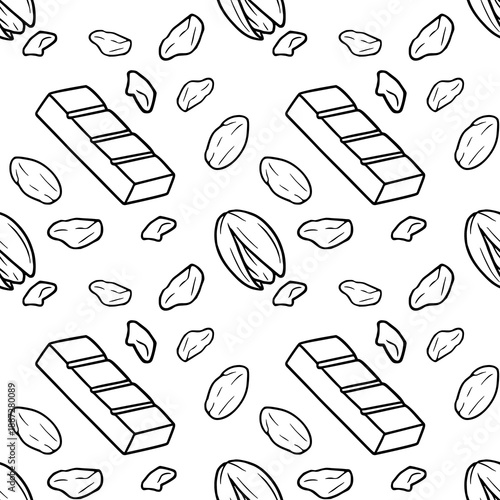 Seamless vector pattern illustration of pistachio nuts and chocolate bars, hand-drawn sketch style