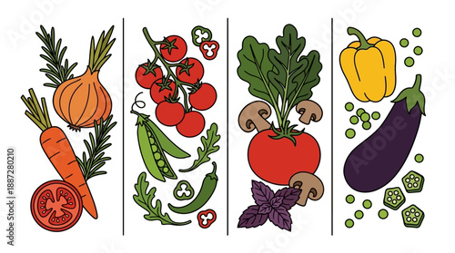 Vegetable and Herb Vector Illustration – Carrot, Tomato, Peas, Bell Pepper, Eggplant, Okra, Spinach, Rosemary, Parsley, Arugula, Healthy Food Clipart for Kitchen Decor