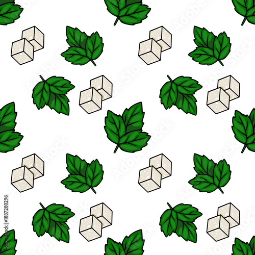 Seamless vector pattern of green mint leaves and sugar cubes for tea, food and drink design