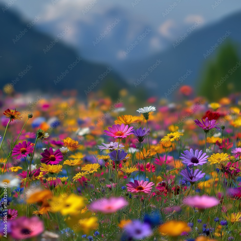 Fototapeta premium Colorful wildflowers blooming in mountain meadow field. Colorful wildflowers blooming profusely across a vibrant meadow with blurred mountains in background