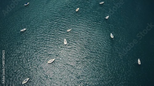 Aerial view of leisure boats anchored in lake Potrerillos in Mendoza, Argentina.