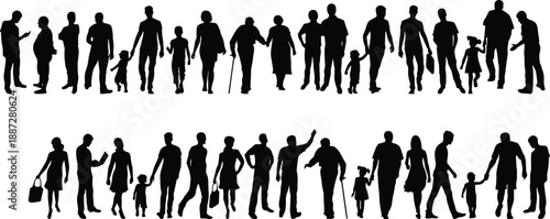 Human silhouette collection, diverse age groups, walking and talking poses, family interaction icons, black vector people design set