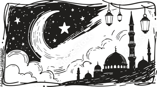 Islamic night scene illustration, mosque silhouette, crescent moon and stars, Ramadan lantern design, black and white spiritual artwork