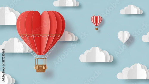 Valentine's Day Heart-shaped hot air balloon floating in a sky full of clouds, symbolizing love and adventure, a whimsical paper art illustration