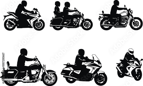 Motorcycle rider silhouette set, black vector illustration, sport and cruiser bikes, helmeted riders, touring motorbike design, motion posture icons