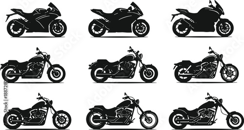 Motorcycle silhouette collection, sport and cruiser bikes, black vector icons, motorbike design set, vintage and modern motorcycle shapes