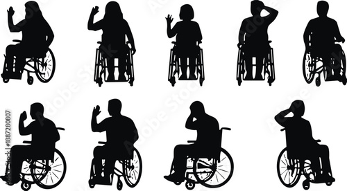 Wheelchair user silhouette set, black vector icons, inclusive mobility design, seated gesture poses, disability awareness artwork, accessible lifestyle illustration