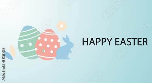 Happy Easter greeting with decorated eggs and a bunny on a soft blue background