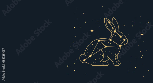 Golden rabbit constellation outline against a starry night sky background