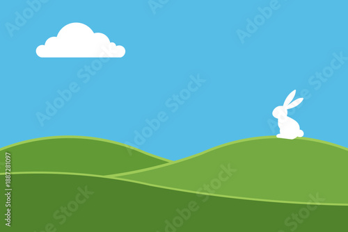 Minimalist white rabbit sitting on a green hill under a blue sky with a cloud