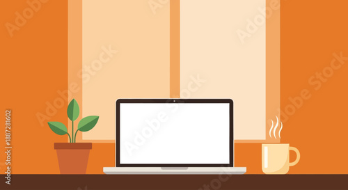 Laptop on Desk with Coffee and Plant