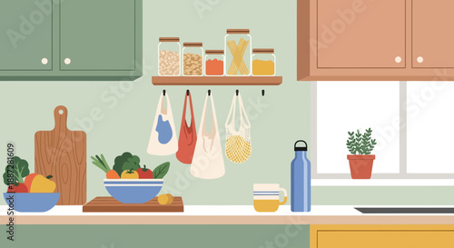 Modern kitchen counter with cooking utensils and ingredients