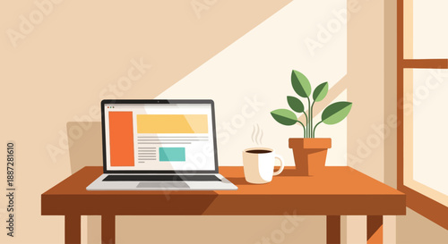 Modern workspace with laptop and coffee