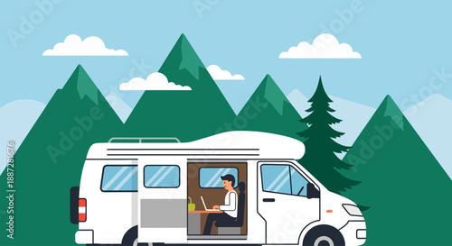 Man Cooking in Campervan at Mountains