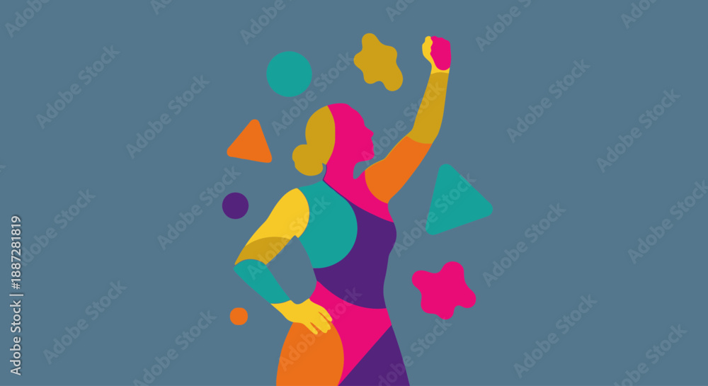 Fototapeta premium Woman Celebrating with Colorful Shapes