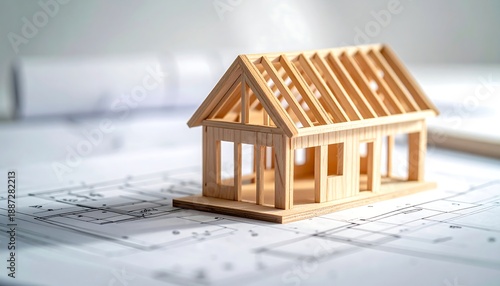骨組みが見える木製住宅模型と設計図が示す建築途中の構想