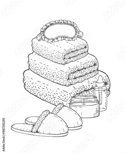 Ink illustration of folded towels with slippers and spa accessories, hand drawn graphic line art for wellness branding, beauty packaging, spa design or skincare projects.