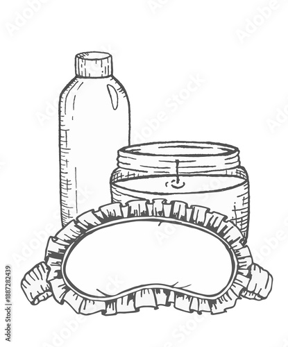 Ink illustration of spa eye mask with candle and cosmetic jar, hand drawn graphic line art for wellness branding, beauty packaging or relaxation concepts.