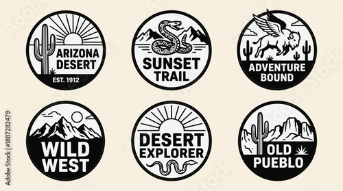 Vintage Desert Explorer Patches Set. Retro Monochrome Outdoor Badges, Arizona Travel, Wild West Adventure, and Camping Logos Collection.