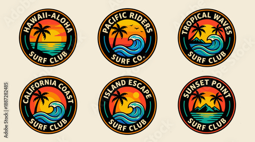 Vintage Retro Surf Club Logos Set. Tropical Patch Badges Collection with Palm Trees, Ocean Waves, and Sunset Designs for T-Shirt Prints and Summer Apparel.