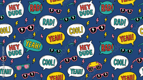 Vibrant 80s Pop Art Seamless Pattern. Retro Sunglasses, Lightning Bolts, and Comic Speech Bubbles with "Cool," "Rad," and "Hey Dude."