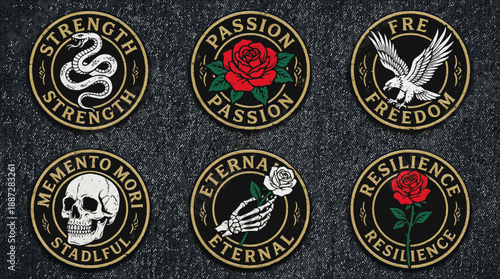 Set of six vintage embroidered patches on denim featuring snake, skull, eagle, and roses with words like Strength, Freedom, and Memento Mori.